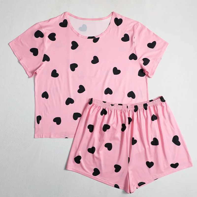 Plus Size XL5XL Oversized Sleepwear Round Neck Womens Pajamas Sets Short Sleeve TShirt Shorts Pink Heart Print Loungwear 2PC Z250925