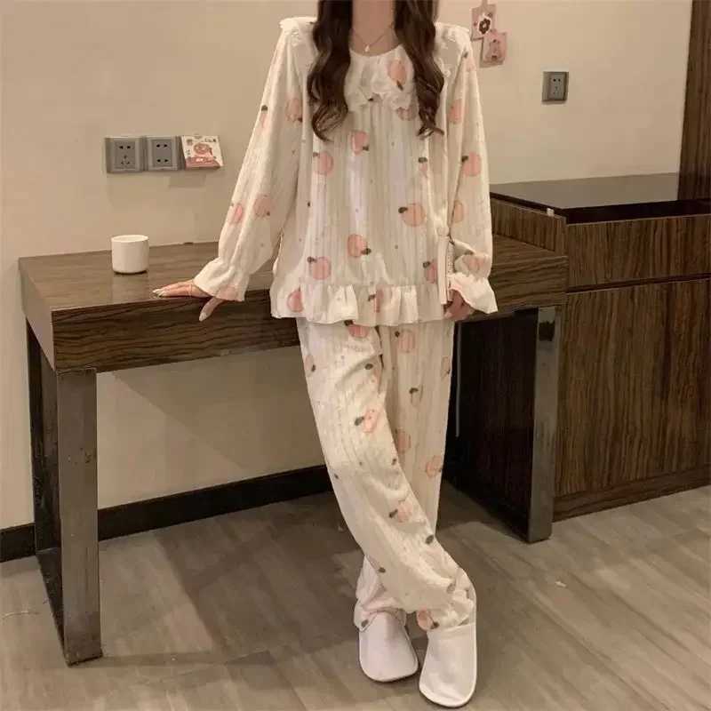 Ruffles Pajamas for Women Autumn Winter Peter Pan Collar Ruffle Sleeve Pajama Top and Elastice Waist Pants 2 Pcs Pajama Sets Z250925