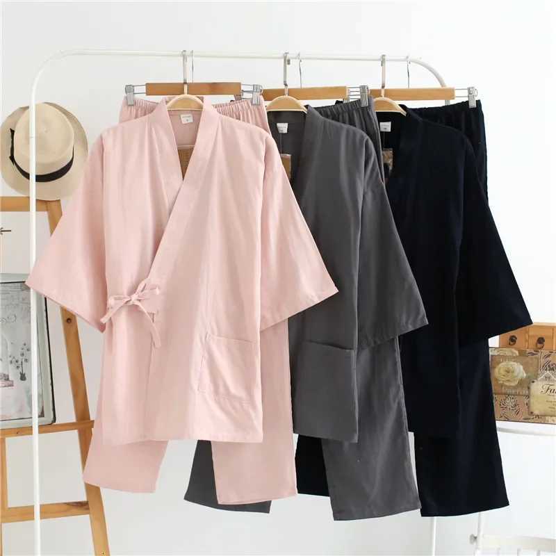 Kimono Robes Pajamas Suit for Couples Mens and Womens Cotton Sleepwear Clothes with Tie Up Three Quarter Sleeve Long Pants Z250925