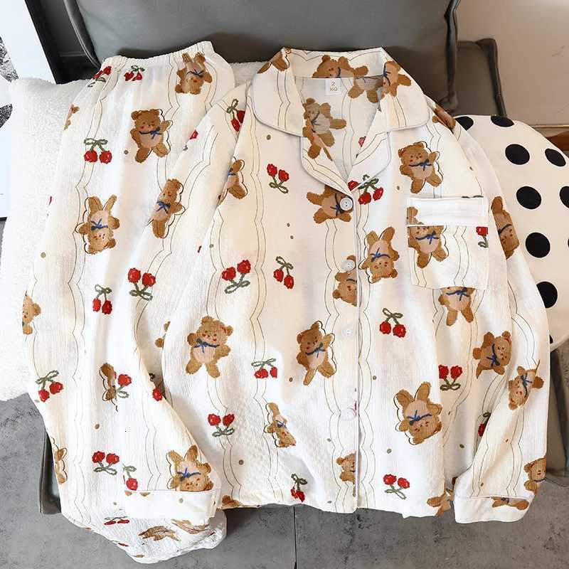 Cartoon Cherry Bear Kawaii Womens Pajamas Harajuku Cute Y2K Pajamas for Women Long Sleeve Top Elastic Waist Pants Sleepwear Z250925