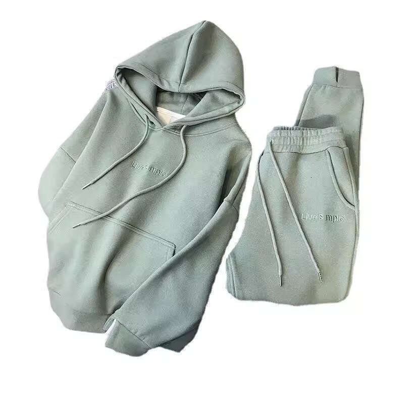 2025 Autumn Winter Fleece Lined Loose Hoodie Sweatshirt Jogger Pants Sports Casual Two-Piece Set Women