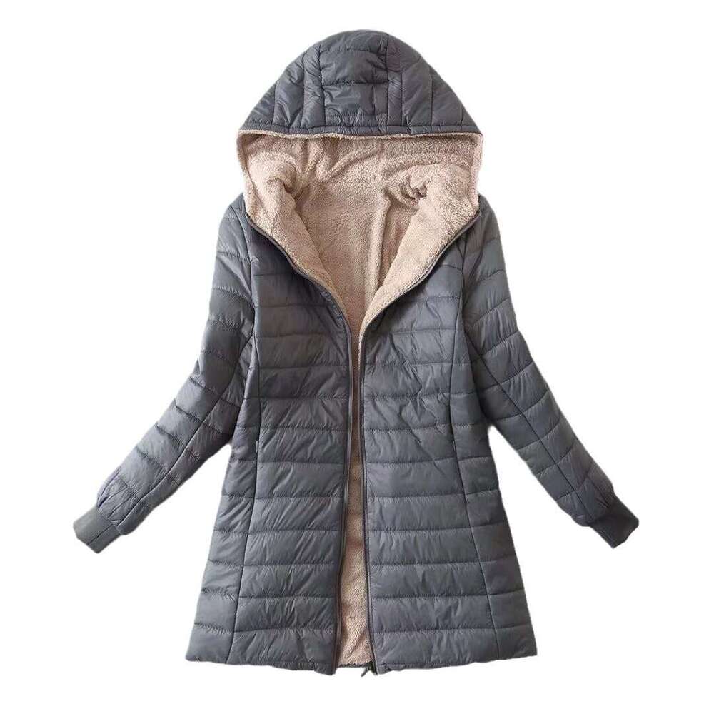 Autumn Winter New Fleece-Lined Hooded Jacket for Women, European and American Style, Student Lamb Wool Coat, Mid-Length Cotton Jacket, Small Trendy Co