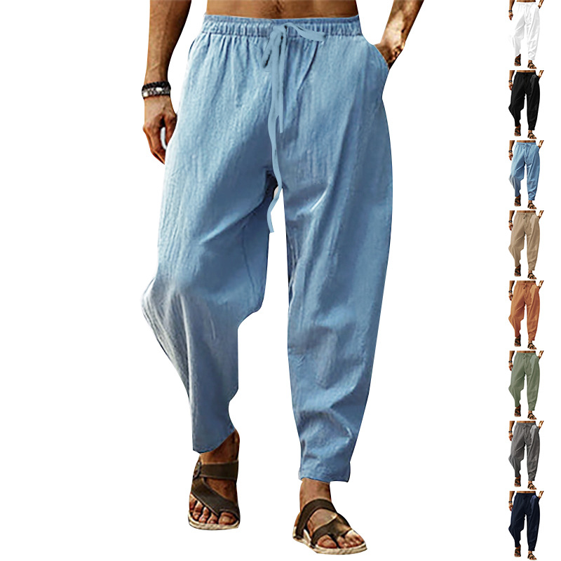 Men's Workwear Linen Drawstring Pants with Multiple Pockets Straight Leg Solid Color Breathable for Outdoor and Beach Casual Wear European size: 