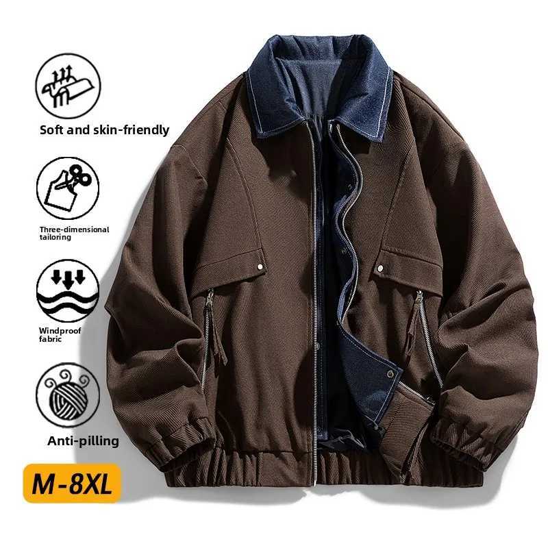 M8XL New Style Large Size Denim Fake Twopiece Jacket for MenPersonalized Contrast ColorLoose Hong Kong Style Mens Outerwear W250926