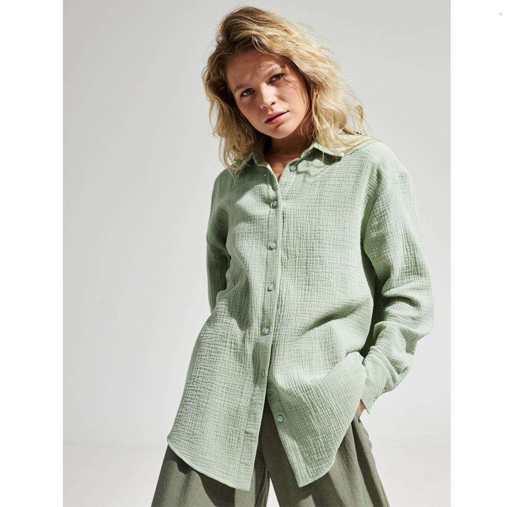 2025 Autumn Season Cross-Border Long Sleeve Pure Cotton Crepe European and American New Style Comfortable Loose Shirt Blouse Shawl