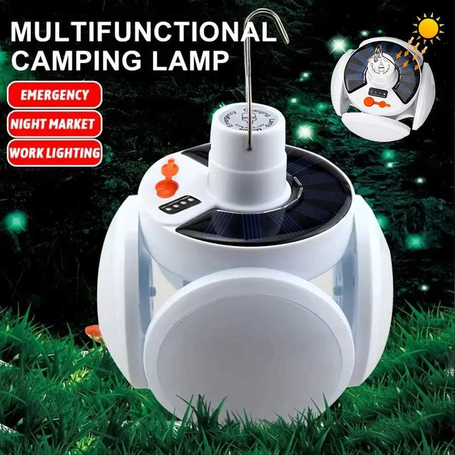 Portable LED Solar Camping Light Bulb Rechargeable Flashlight Waterproof Night Lamp Camping Supplies 5 Mode Adjustable with Hook C250925
