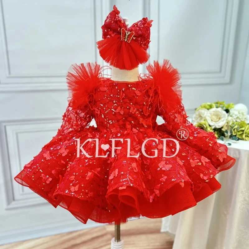 Luxury girls party dress long sleeved sequined butterfly mesh dress one year old birthday gift elegant dress for girls aged Z250926
