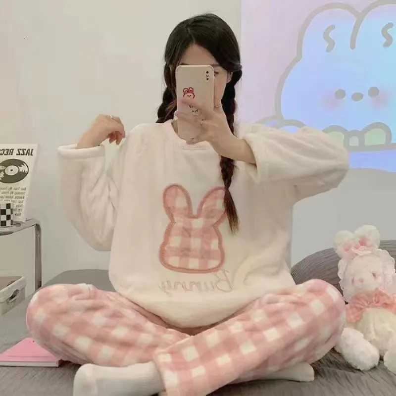Thickened Warm Flannel Women Pajamas Loungewear Striped Top and Trousers Large Size Sleepwear Homewear Nightwear Cartoon Rabbit Z250925
