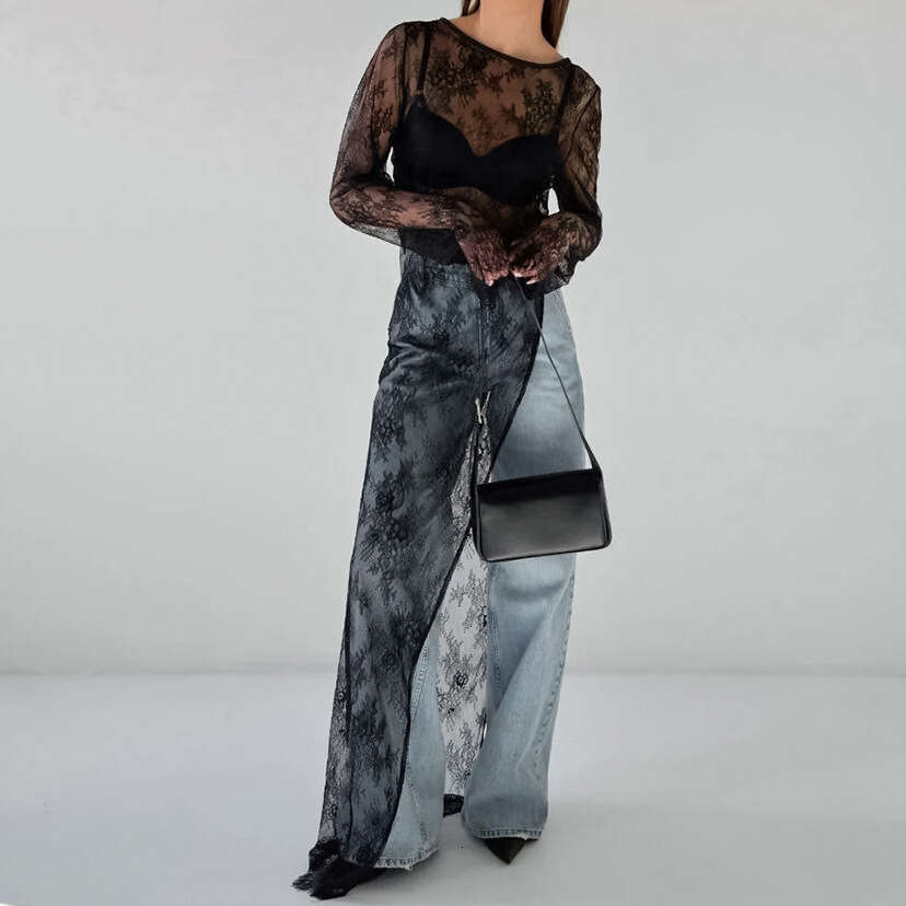 Black Sexy Sheer Brocade Lace Asymmetric Slit 2025 Autumn Fashion New Long Dress for Women