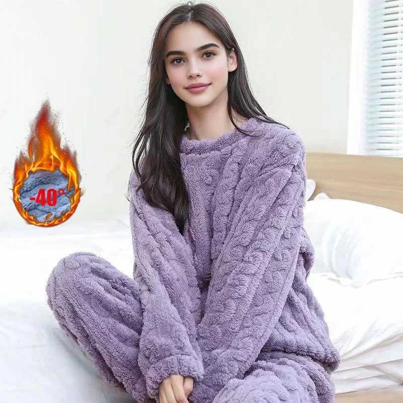 Autumn Winter Women Solid Warm 2 Piece Sets Thicken Velvet Ribbed Fleece Set Pullover And Pants Women Casual Pajama Sets Z250925
