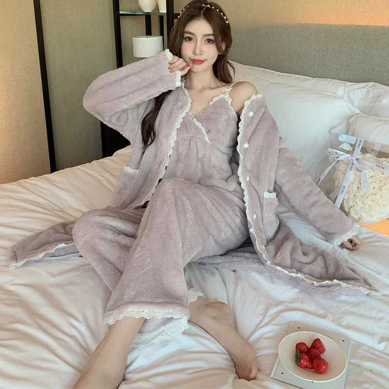 Winter Warm Coral Fleece 3PCS Pajamas Set Women Flannel Long Sleeve Top Trouser Sleep Suit Casual Home Clothes Z250925