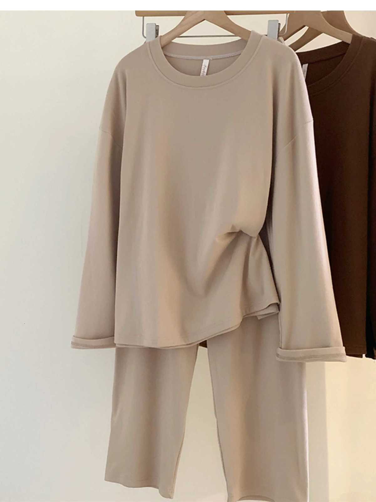 5084 Derong Thermal Pajamas for Women Autumn and Winter Casual Simple Pure Color Round Neck Long Sleeves Thickeneded Spring Fall Home Wear Set Z250925