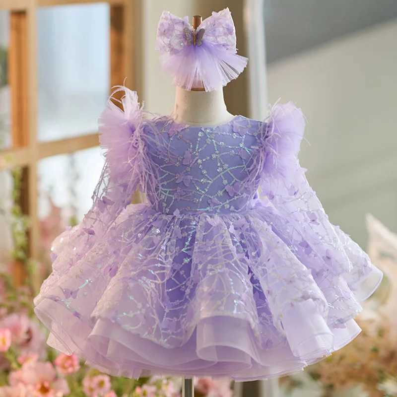 Luxury girls party dress long sleeved sequined butterfly mesh dress one year old birthday gift elegant dress for girls aged Z250926