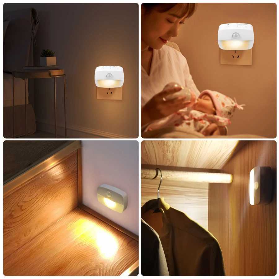 Wireless LED Motion Sensor Night Light Plug In Motion Detector Bedroom Staircase Closet Bedside Night Lamp 220V Battery Powered C250925