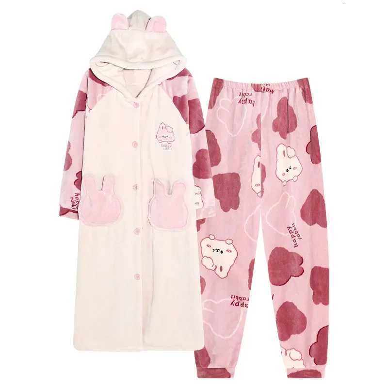 2024 New Coral FleeceLined Thickened Hooded Robe Womens Cute Autumn Winter Home Clothes Suit Comfortable Sleepwear Pants Set Z250925