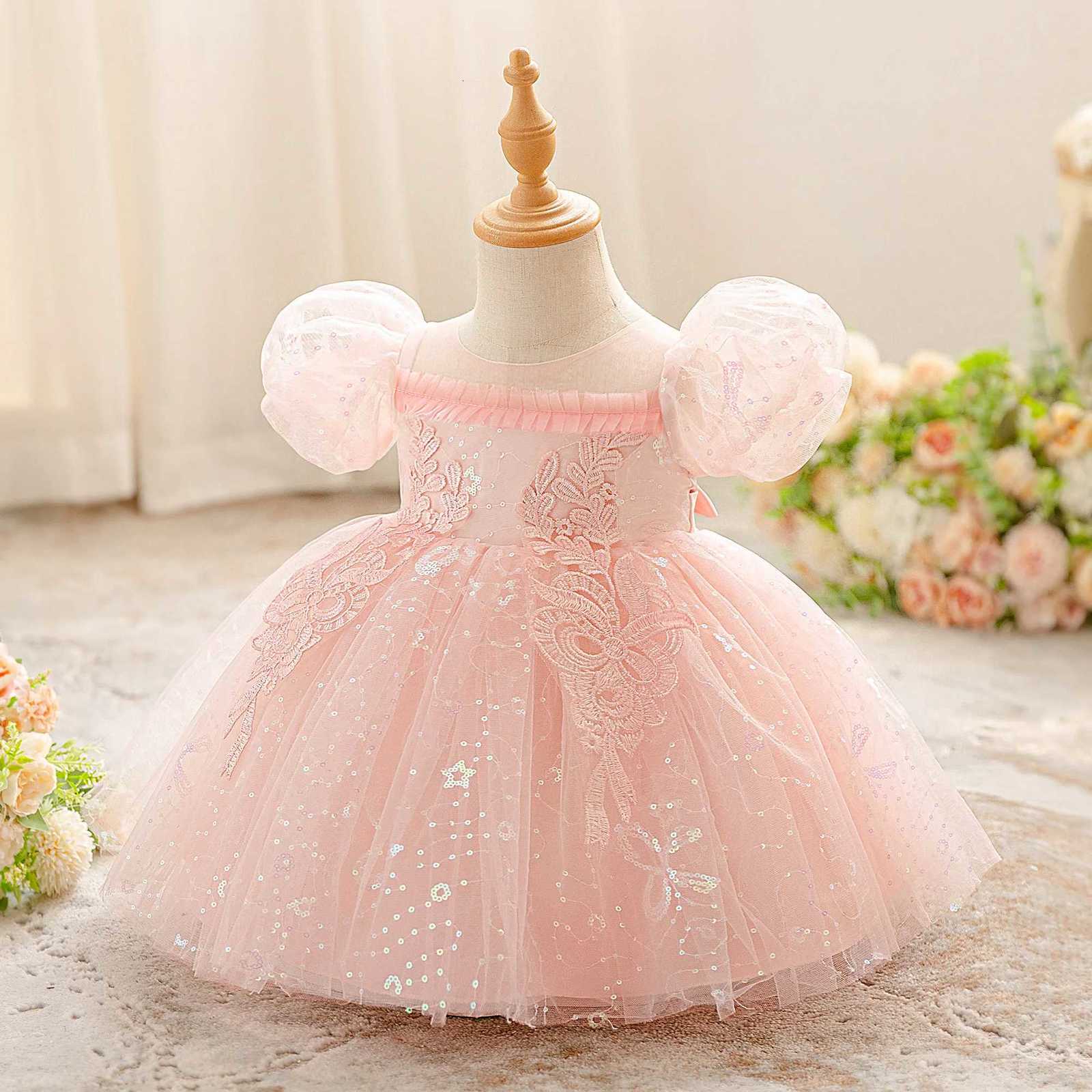 Elegant Sequin Party Baby Girl Dress Toddler Tulle 1st Birthday Princess Dresses for Kids Pink Bow Wedding Bridesmaids Prom Gown Z250926