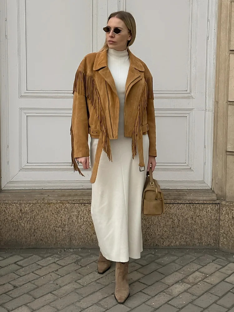 Chic Tassels Patchwork Brown Suede Jacket Women Elegant Lapel Full Sleeves Zipper Loose Coat Autumn Fashion Female Street Wear 250922 - view 6