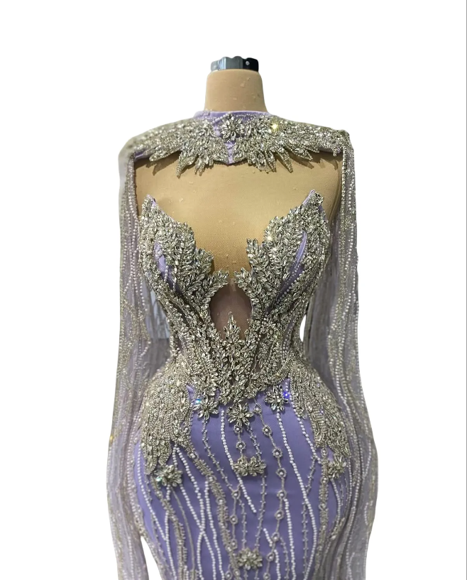 Mermaid Lilac Prom Dresses 2025 Crytals Long Sleeves Sequined Evening Formal Party Second Birthday Engagement Gowns Plus Size Dress For Special Occasi