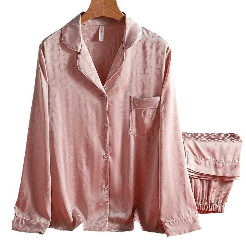 3XL Plus Size Leopard Pattern Spring New Ice Silk Pajamas Women Long Sleeved Pants Set Can Be Worn Outerwear Sleepwear Z250925