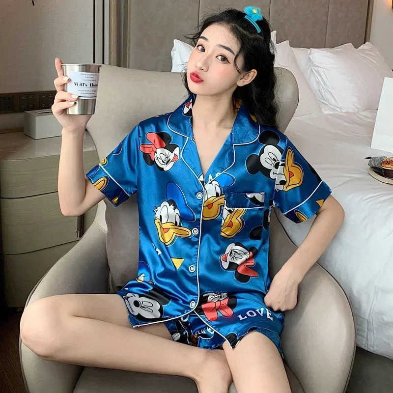 Disney Pajamas ladies summer mickey mouse shortsleeved nightgowns simulation silk sexy spring autumn sleepwear home clothing H250926