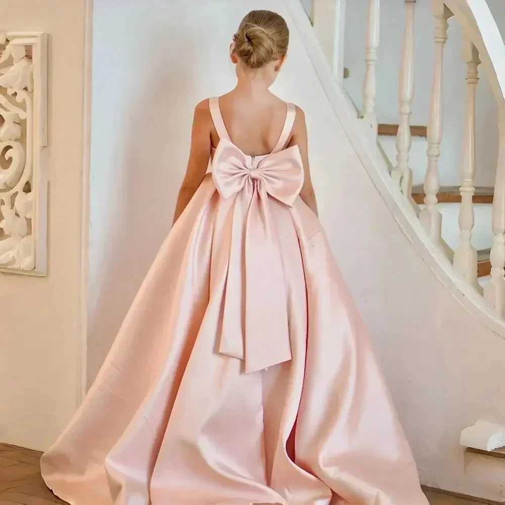 Satin Wedding Party Dresses for Kids Bow Simple Flower Girl Dresses Birthday Long Dress Floor Length First Communion Dress Z250926