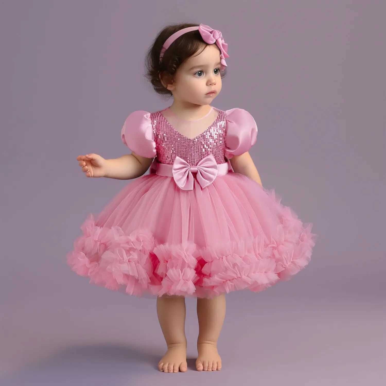Baby Girl Fluffly Pink Princess Dress Toddler Infant Wedding Party Prom Gown Children Sequin 1st Birthday Baptism Evening Dress Z250926