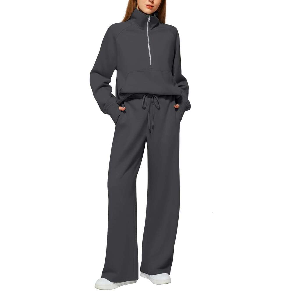 2025 European and American Style Women's Two-Piece Oversized Half-Zip Sweatshirt Wide-Leg Sweatpants Casual Set