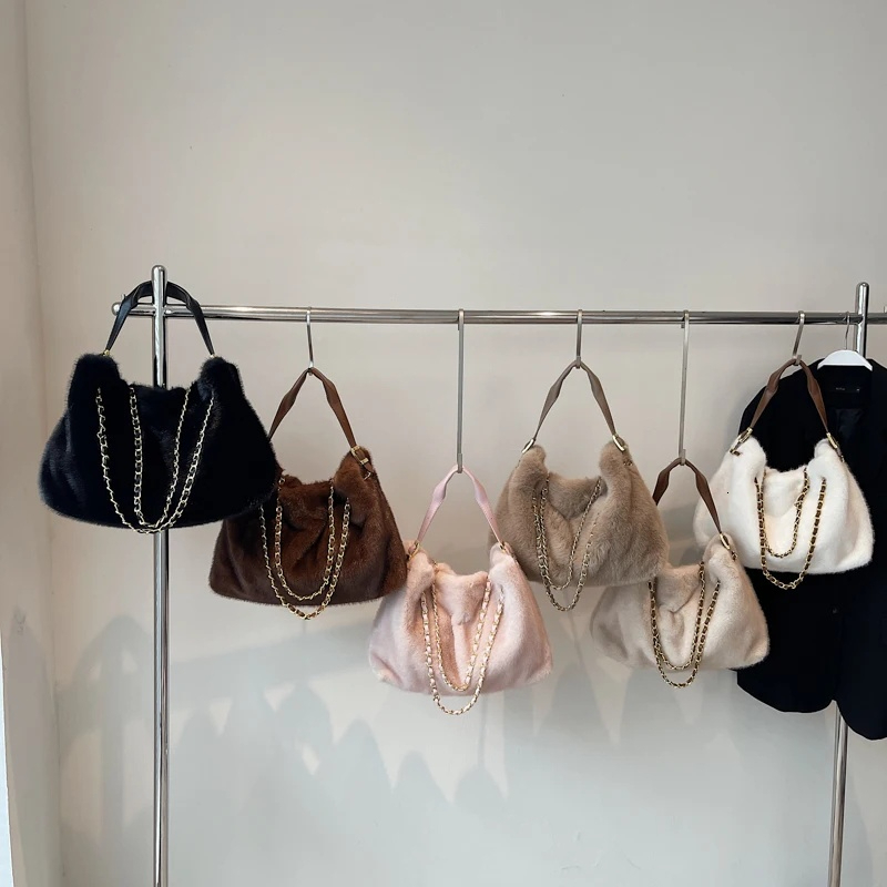 Winter Warm Chain Shoulder Crossbody Bags For Women Soft Plush Big Capacity Commute Shopping Totes Designer Handbags high-quality