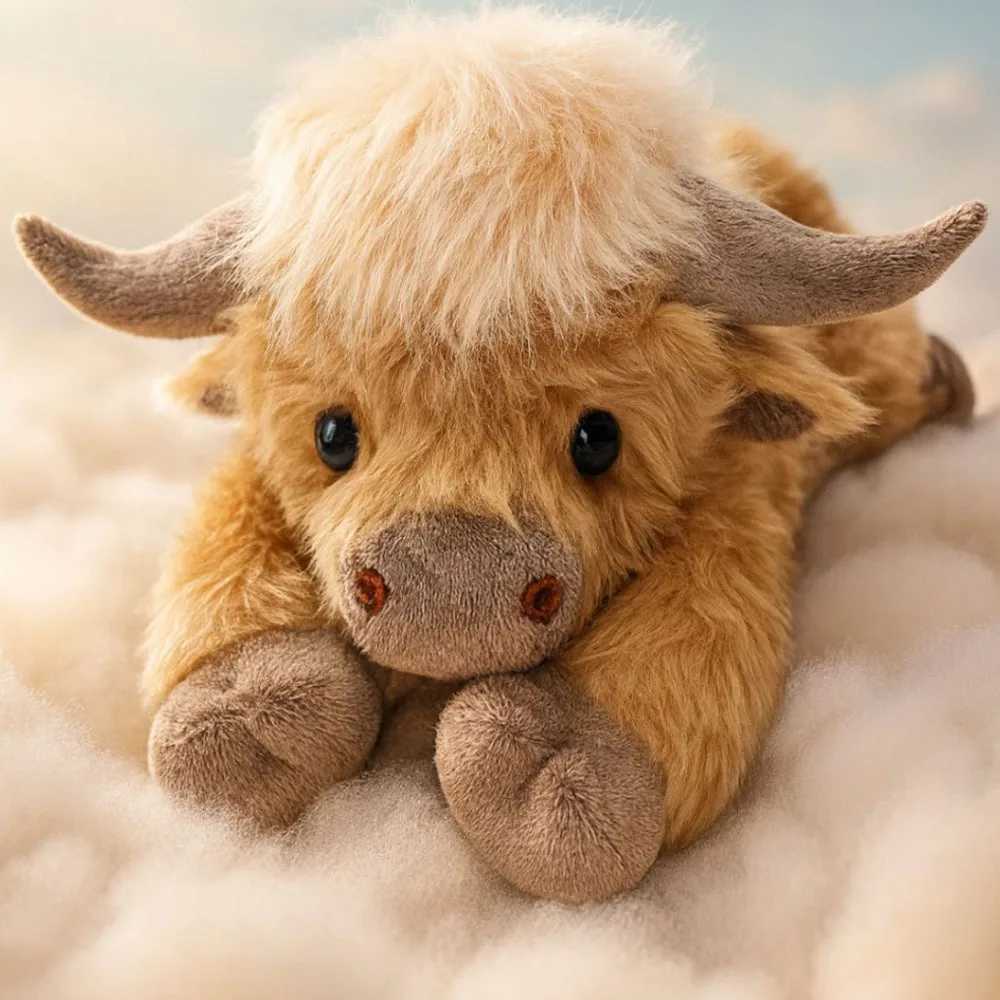 35cm Simulation Lying Highland Cow Plush Animal Doll Soft Stuffed Lying Highland Cow Plush Toy Kawaii Kids Xmas Gifts Home Decor J250926