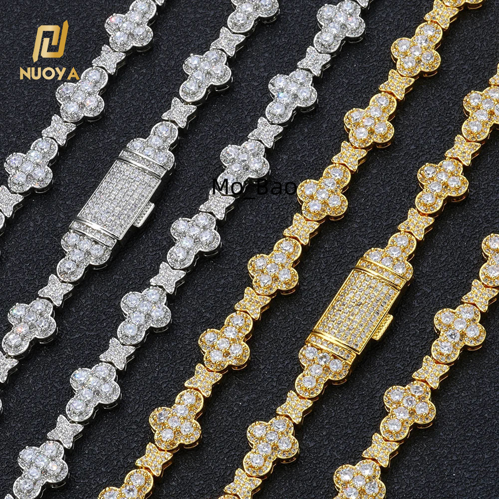 NUOYA Gold Plated Full Pave Zircon Choker Necklace Iced Out Diamond Cross Link Chain Flower Design Shiny Hip Hop Jewelry