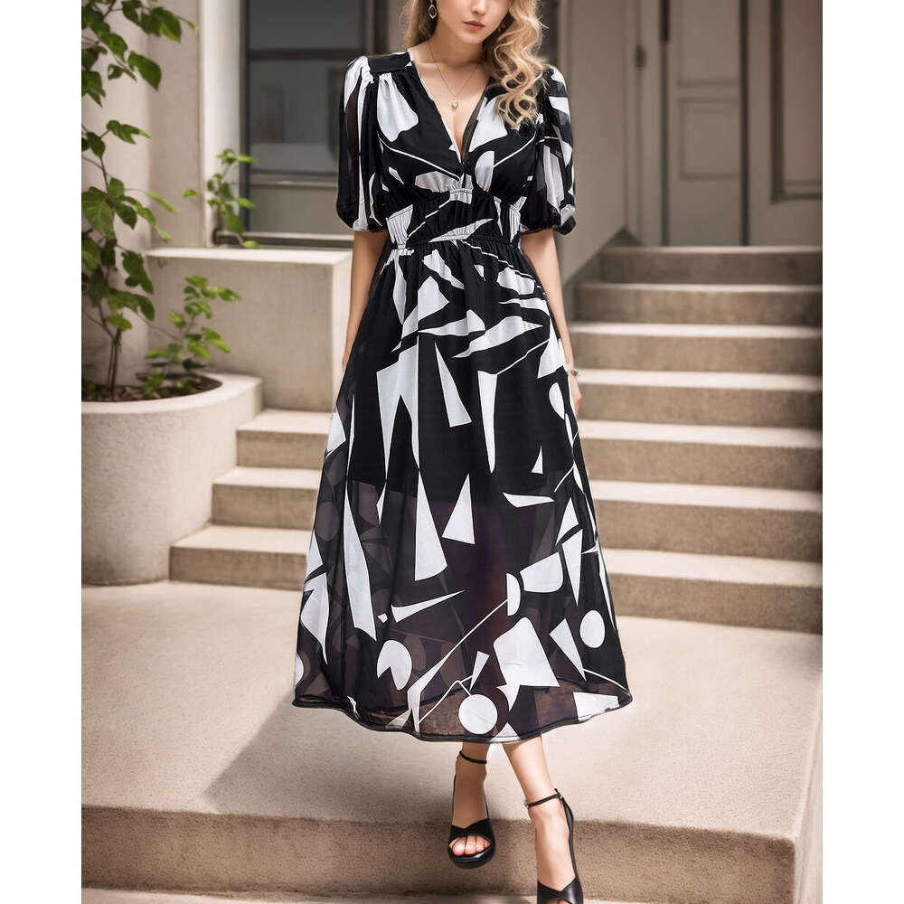 2025 Summer European and American Cross-Border Waist-Cinching Elegant V-Neck Printed Long Dress