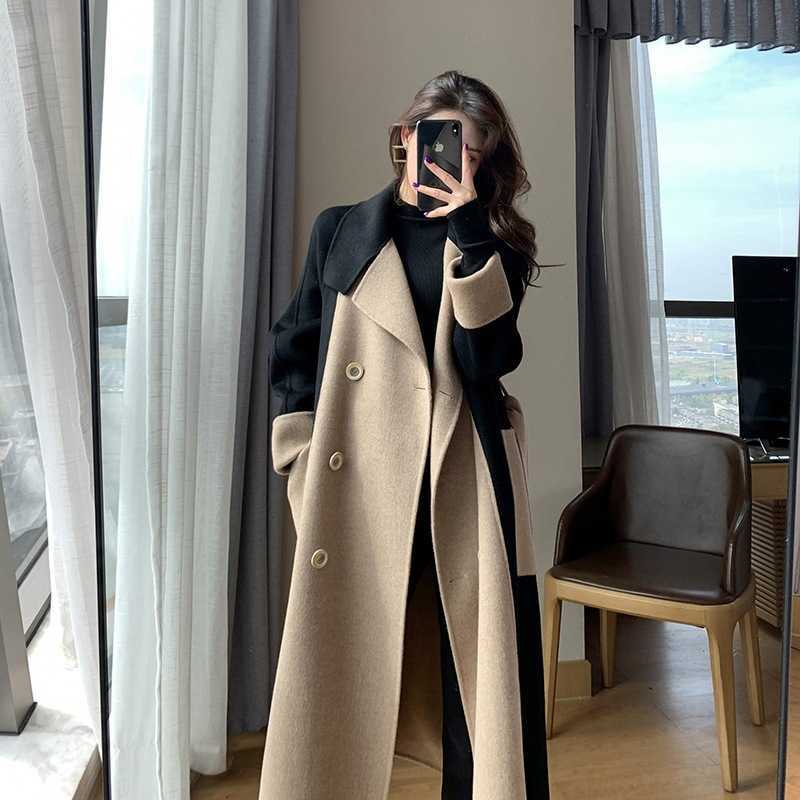 Hepburn Sle Woolen Coat for Women Long 2025 Winter New HighEnd Elegant Slimming ColorBlock Woolen Overcoat for Women W250926