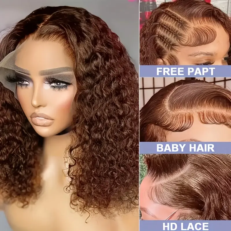 Chocolate Brown Bob Wig Human Hair 13x4 Deep Curly Wave Lace Frontal 4# Colored 180 Density Short Wigs for Women Pre Plucked with Baby Hair Natural Ha