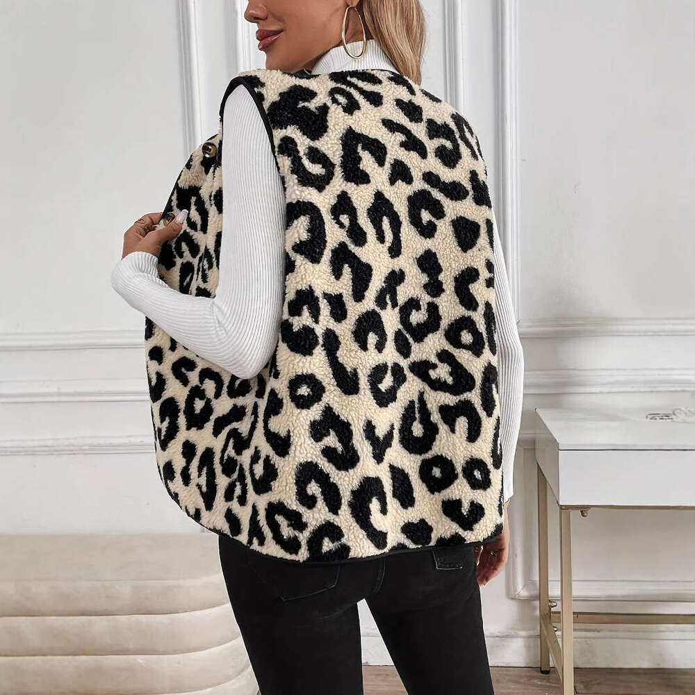 2025 Autumn Winter Cross-Border European and American New Leopard Print Front Button Plush Fashion Vest S8086