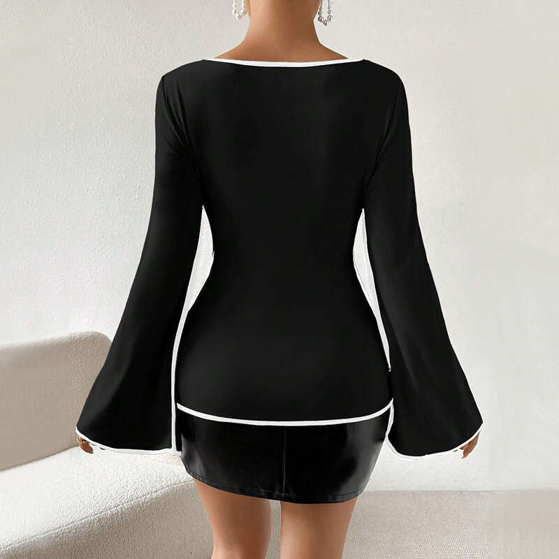 2025 Autumn Winter New Style Patchwork Flared Square Neck Long Sleeve T-Shirt for Women Elegant Versatile Women's Clothing