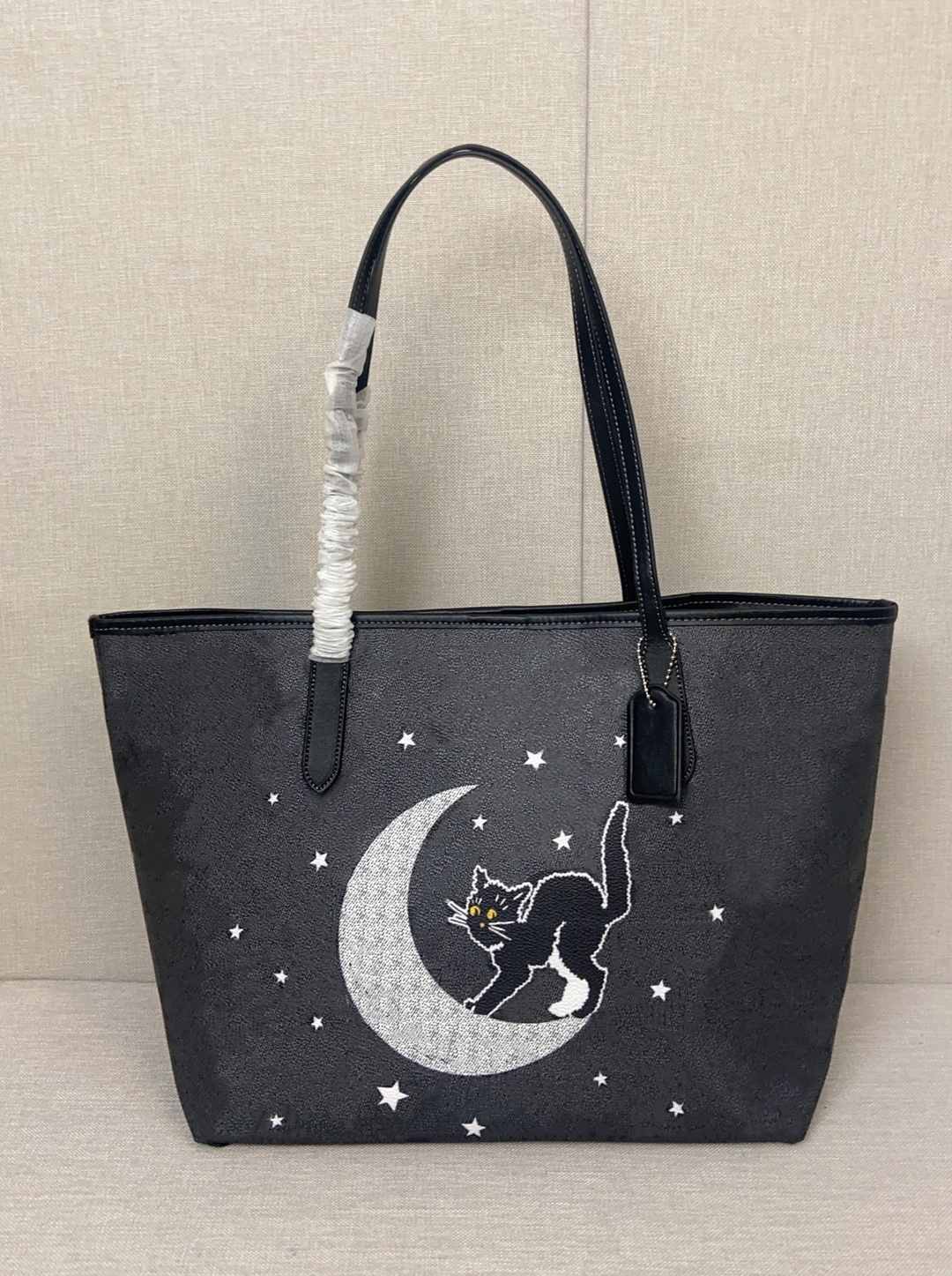 Halloween designer tote bag large handbag shopper bag black cat moon star printing shoulder bag women weekend travel bag leather canvas bag purse luxury bag mollie