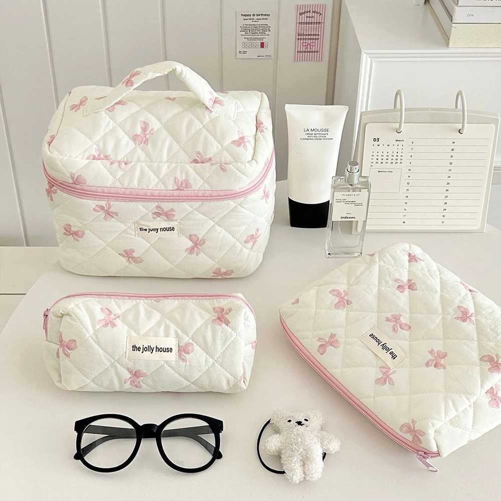 Women Cosmetic Bag Cotton Quilted Cute Bow Makeup Pouch Travel Portable Wash Toiletry Storage Bag Organizer Purse Multisize J2509261