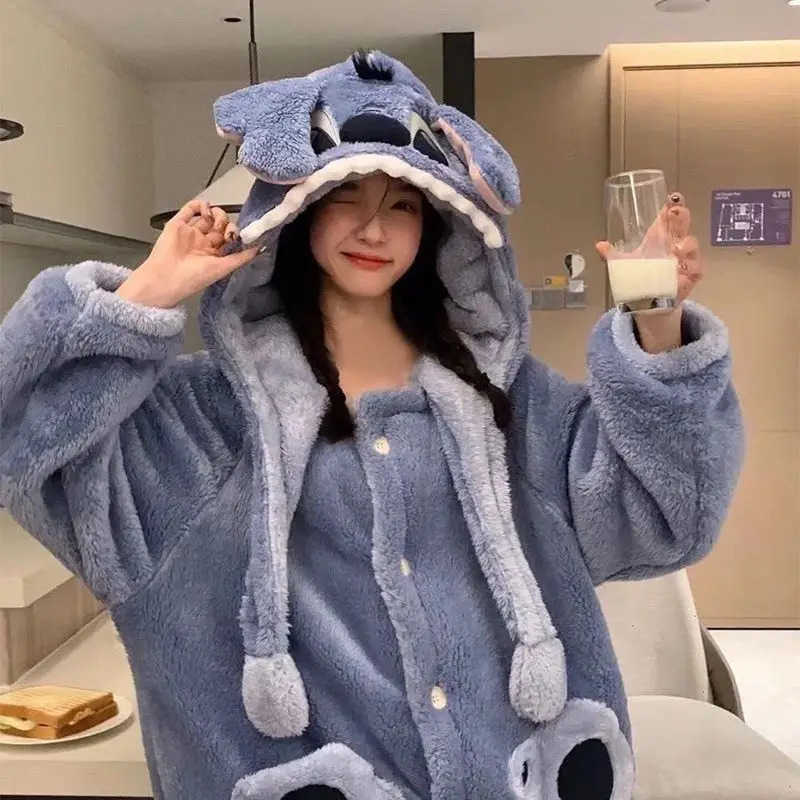Disney Stitch Winter Pajamas Cartoon Autumn And Winter Cute Coral Thickened Velvet Long Home Clothes Pajamas Girls Home Clothes H250926