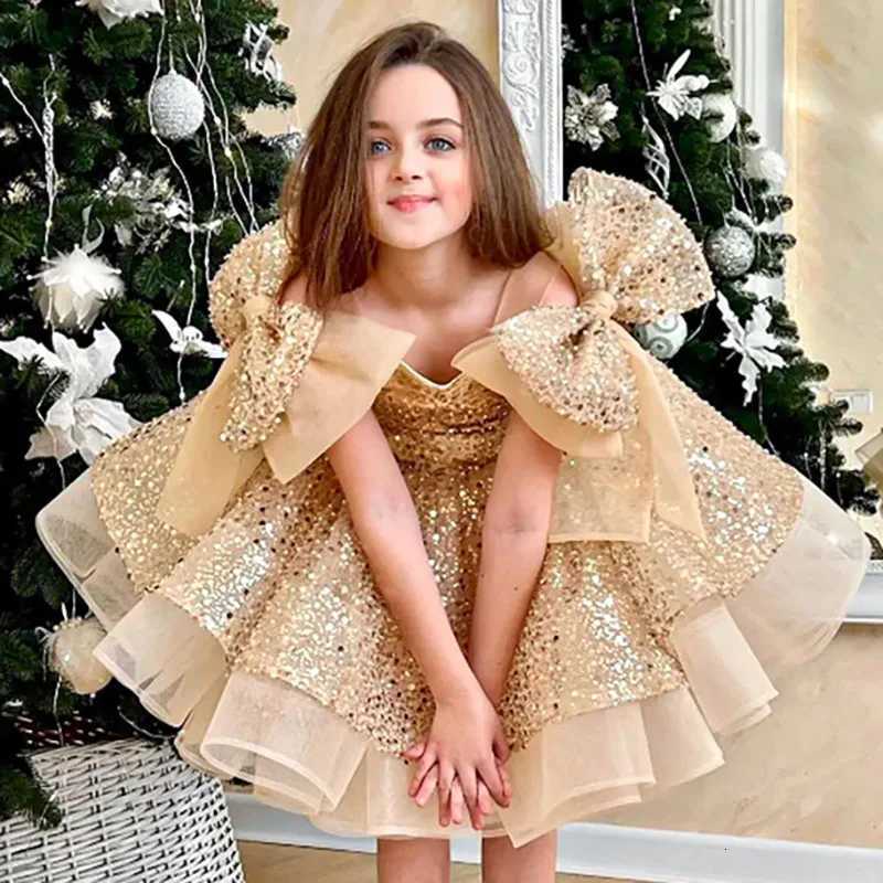 Sequin Flower Girl Dress Sparkly Tulle Princess Gown With Bow Cape Kids Girls Clothes First Communion Formal Occasion Birthday Z250926