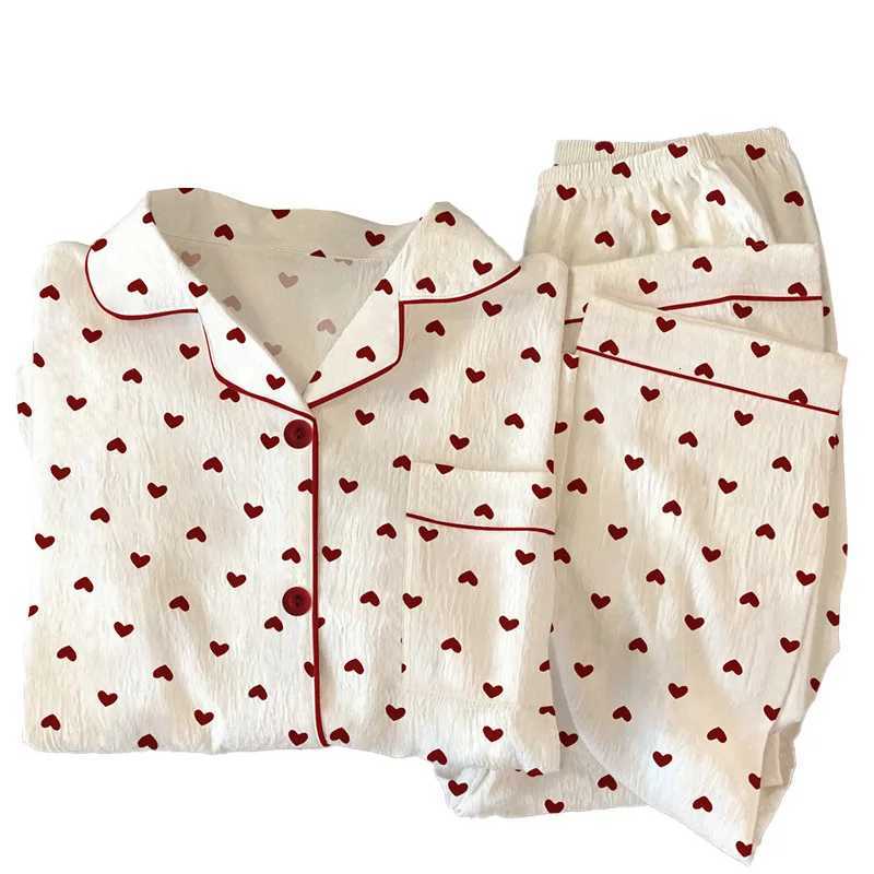 Spring and Autumn New Womens Pajamas Loungewear Set Girl Love Cardigan Pajamas Crinkled Fabric Loungewear Long Sleeve Set Z250925