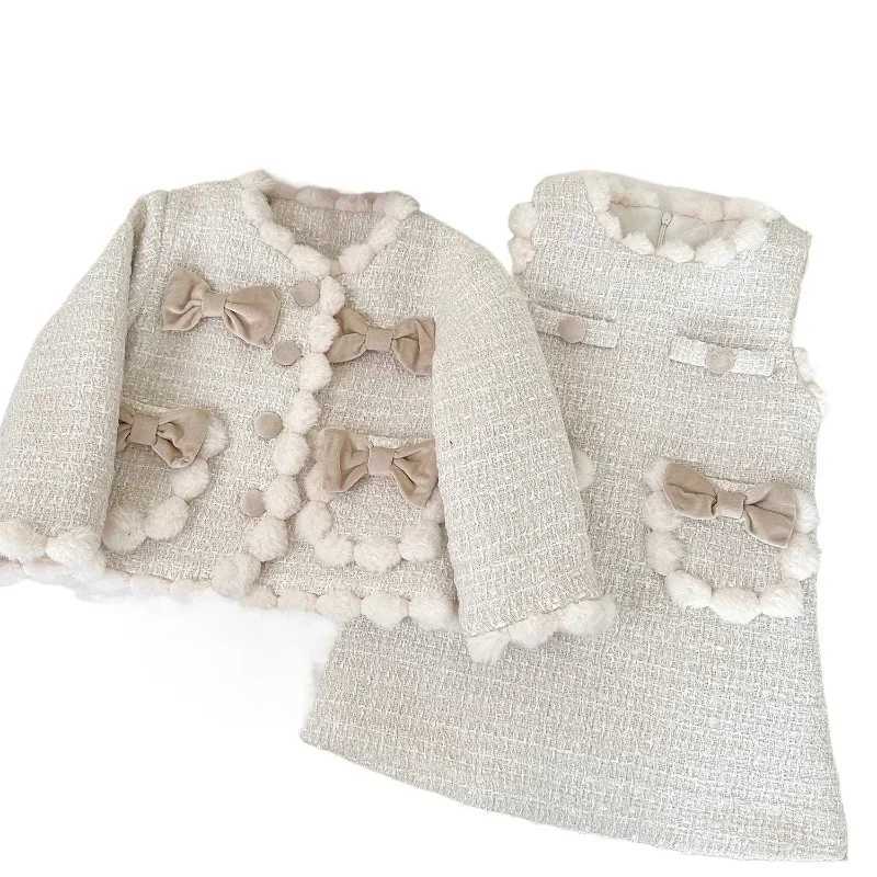 Girls Little Fragrance Plus Cotton Thickened Bow Coat Sundress Twopiece Set Girl Clothes Girls Suit 2025 Winter L250926C327