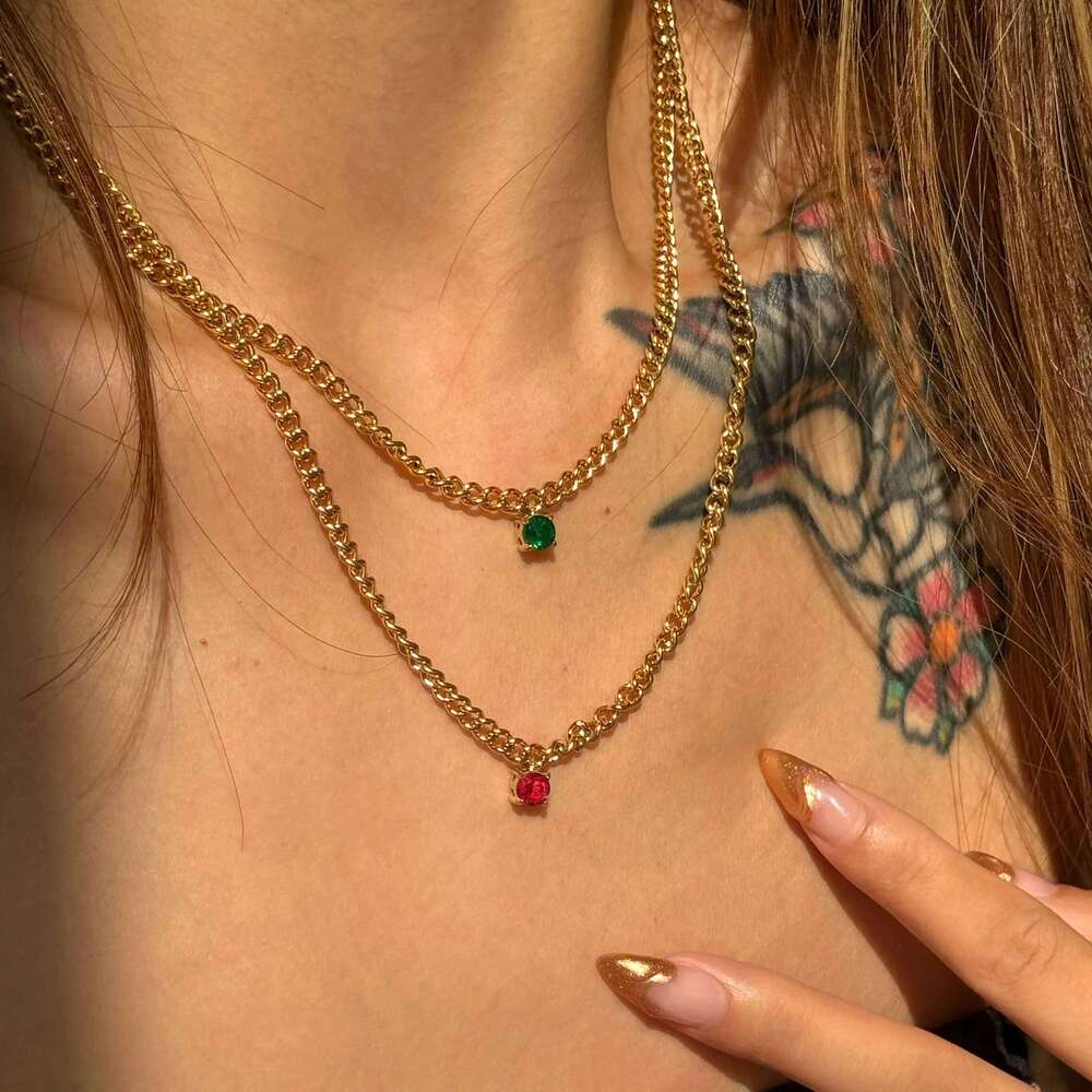 DASEIN New Pvd Gold Plated Colorful Round Zircon Cuban Chain Necklace Stainless Steel Jewelry for Women Girls