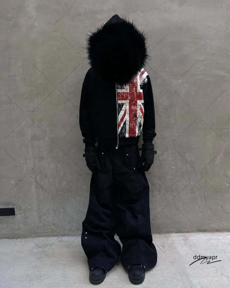 Men's Hoodies Black Printed National Fur Collar ddmyapr Oversized Hoodie Men Street Retro Clothing High Trendy Brand Zipper Sweatshirt ddmyapr