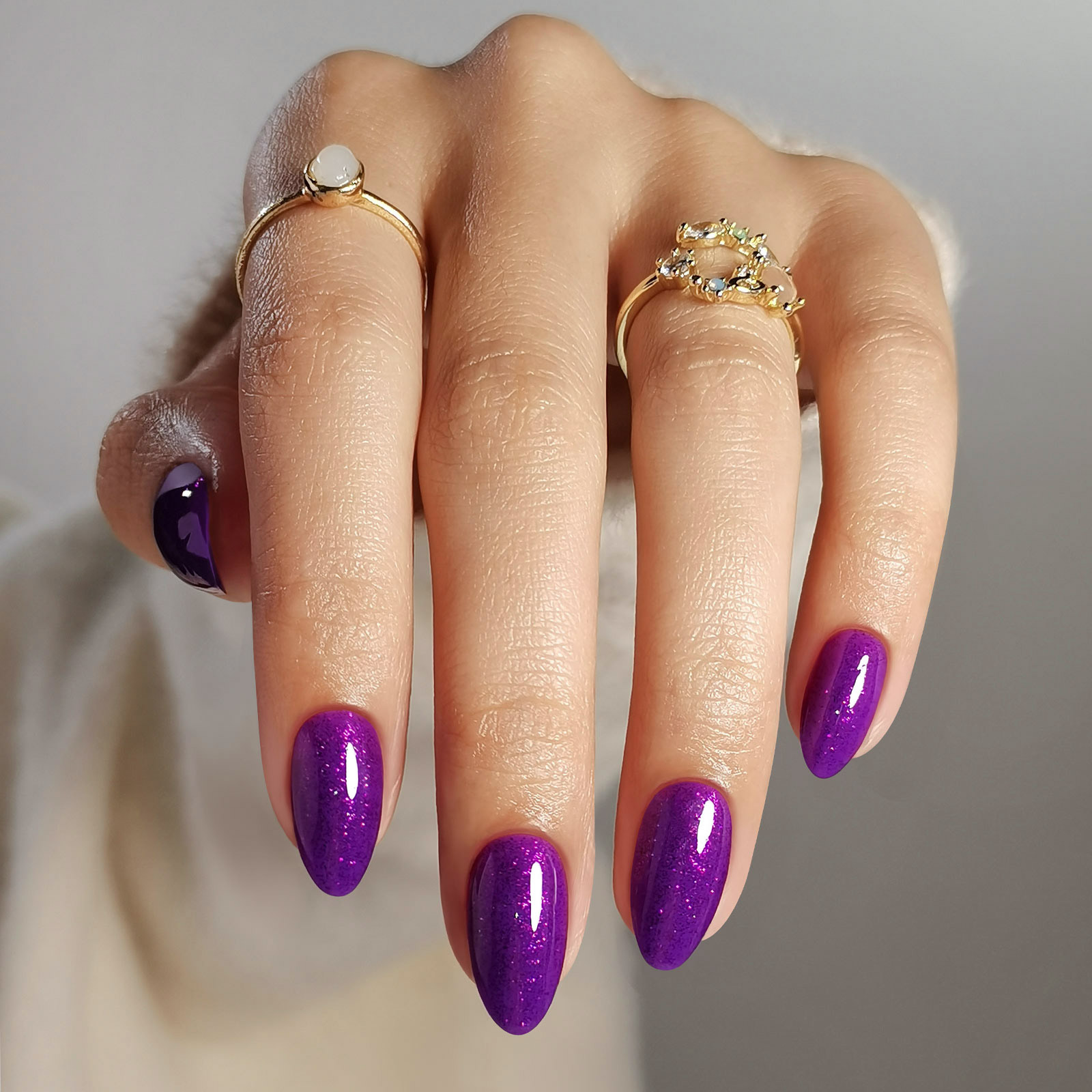 Purple Glitter Studded Almond Short Nails with Shiny Diamonds - Soft Gel Gloss Press - on Nails, 16 Sizes - 32 Reusable Nails