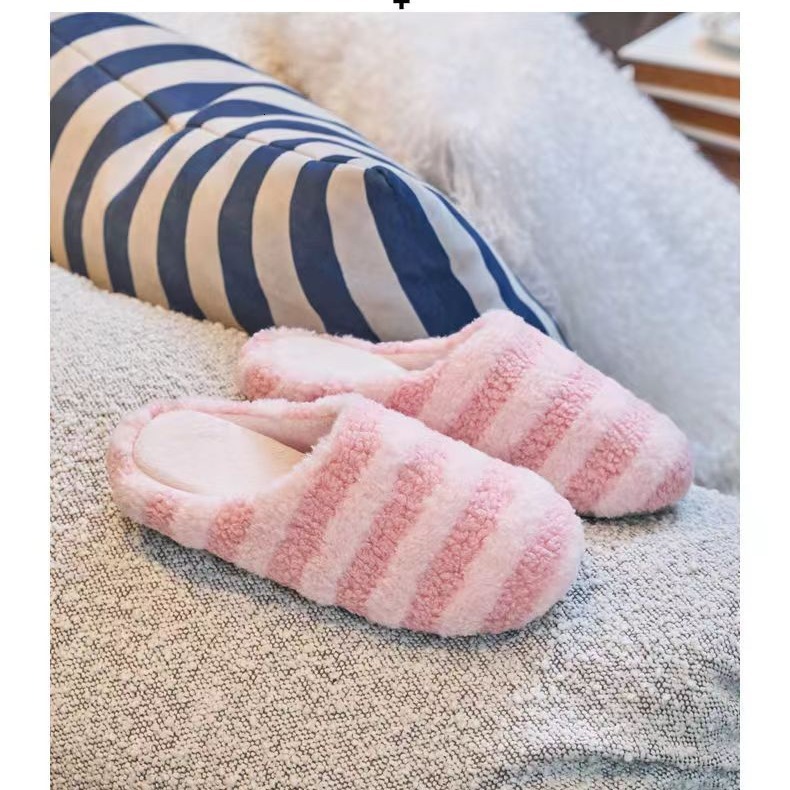 Striped Teddy Velvet Anti-Collapse Memory Foam Injection Women's Cotton Slippers ddmymarket