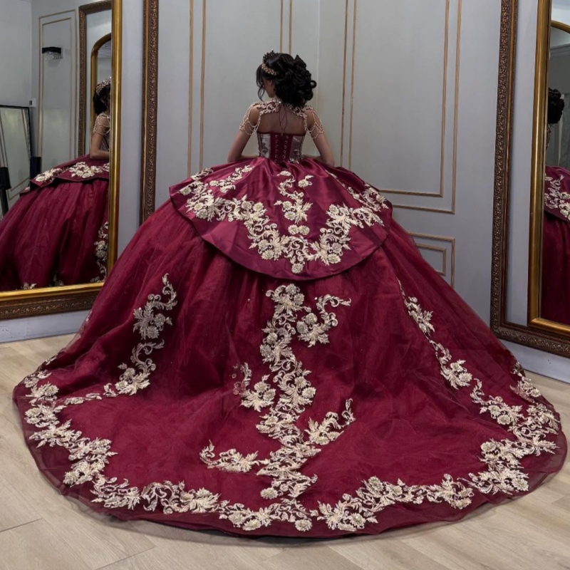 Red Quinceanera Dresses Off The Shoulder Applique Lace Beading Crystal Corset Tull Party Birthday Sweet 16 Dress Vestidos 15 Anos