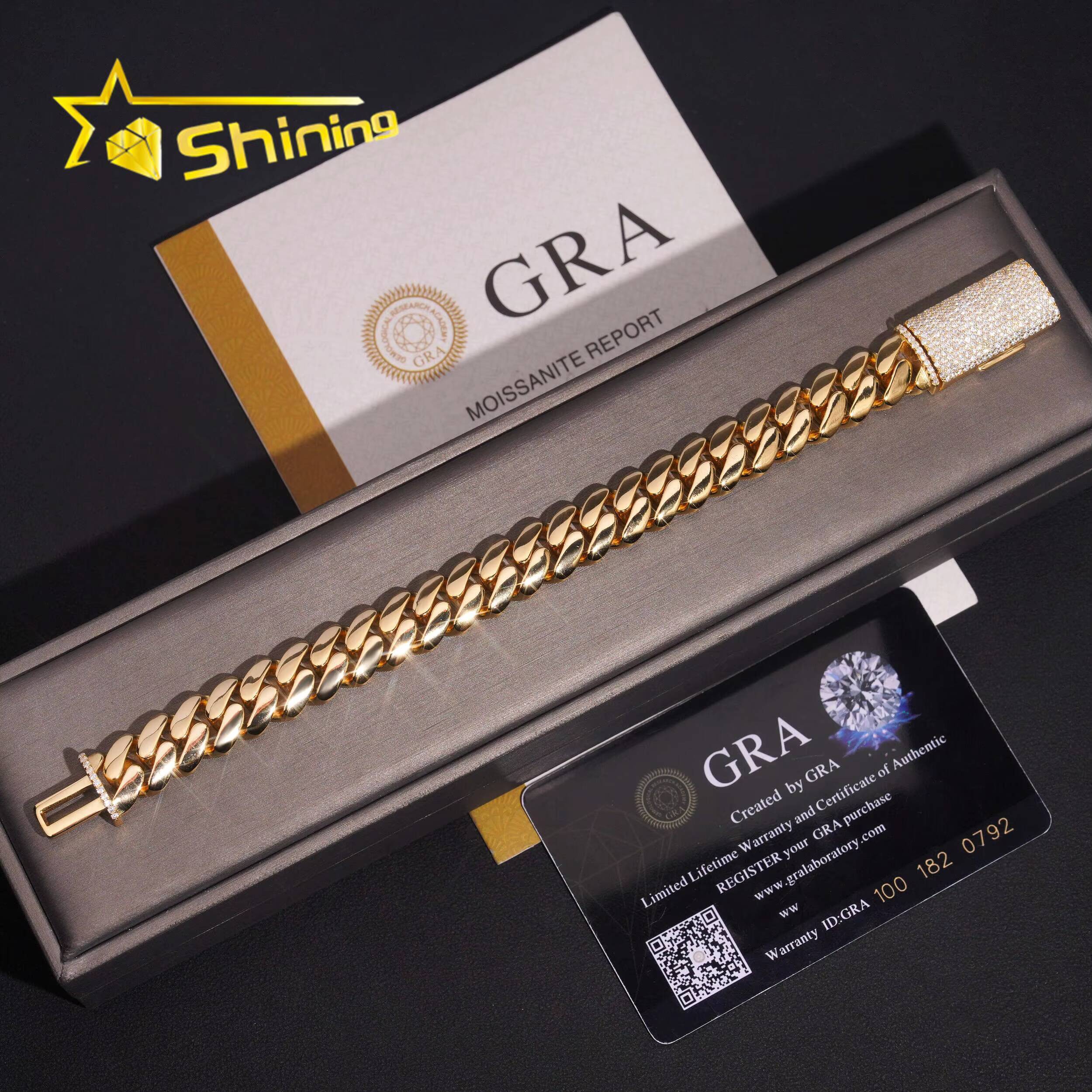 Hip Hop Jewelry Gold Plated 12mm Plain Cuban Bracelet with Moissanite Clasp Custom 925 Silver Bracelet for Men