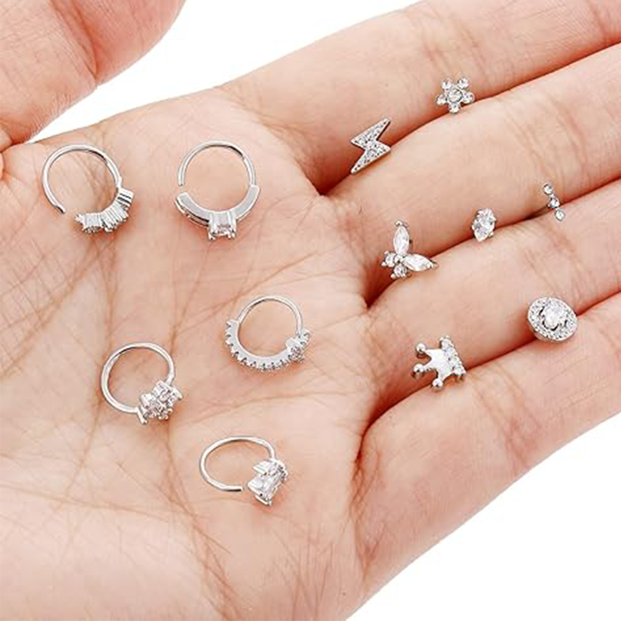 12Pcs Nose Rings Stud L Shape Cubic Zirconia Butterfly Flower Moon Crown Heart Lightning Shape Nose Studs Piercing Jewelry Women Men Silver Plated 20G