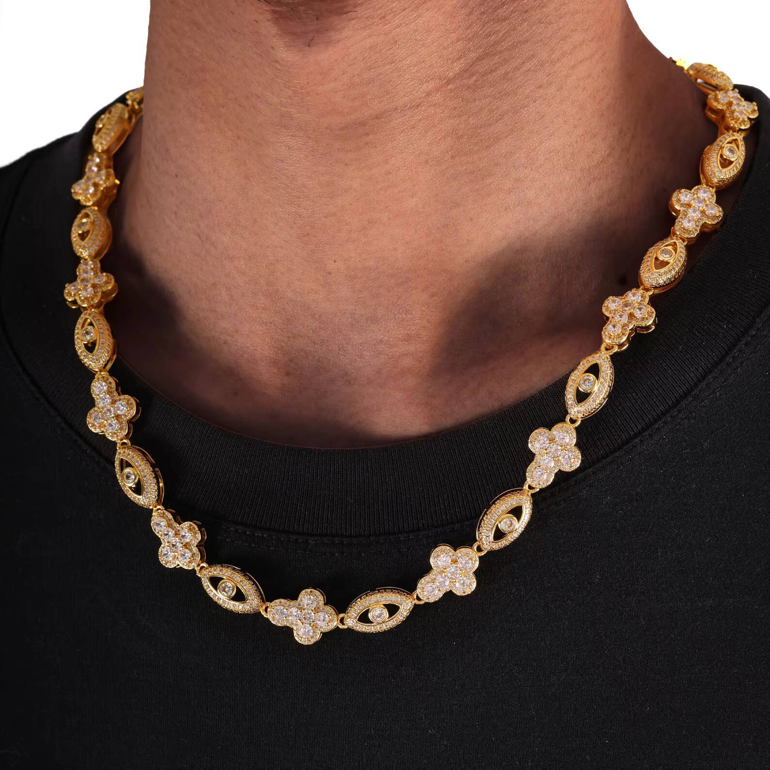 Fashion Design Evil Eye Cross Cuban Chain Brass With 18K Gold Plated 5A Zircon Necklace Iced Out Jewelry for Women Men