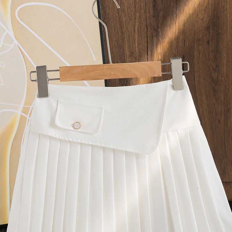 Girls Suit 2PCS Autumn New Solid Color Yellow Striped Turn Down Collar Long Sleeve Top White Pleated Skirt For Girls Daily Set L250926PL2A